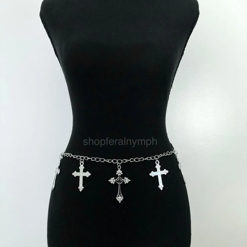 Vintage Y2K Whimsygoth Silver Cross Chain Belt, Fits 19–42 Inches, X7GA1189